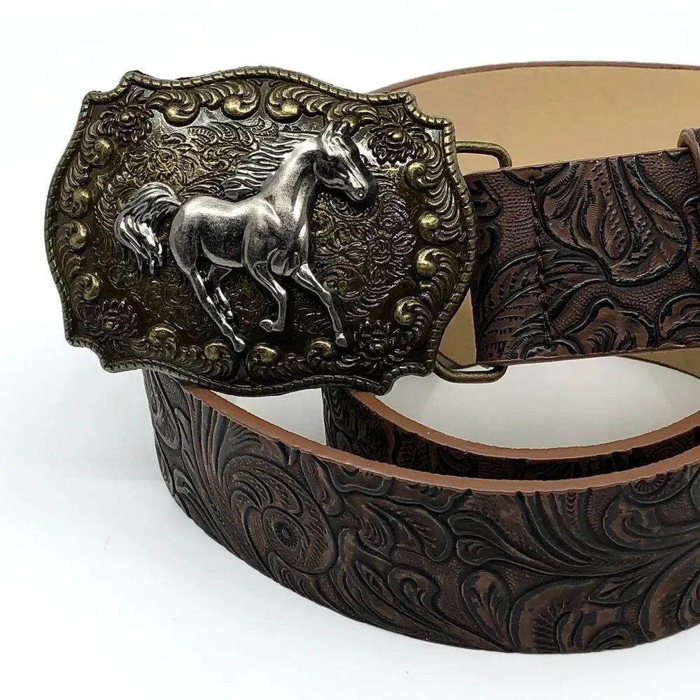 Vintage Ornate Western Brown Faux Leather Belt, Fits 28.5–39 Inches, X7GA1213